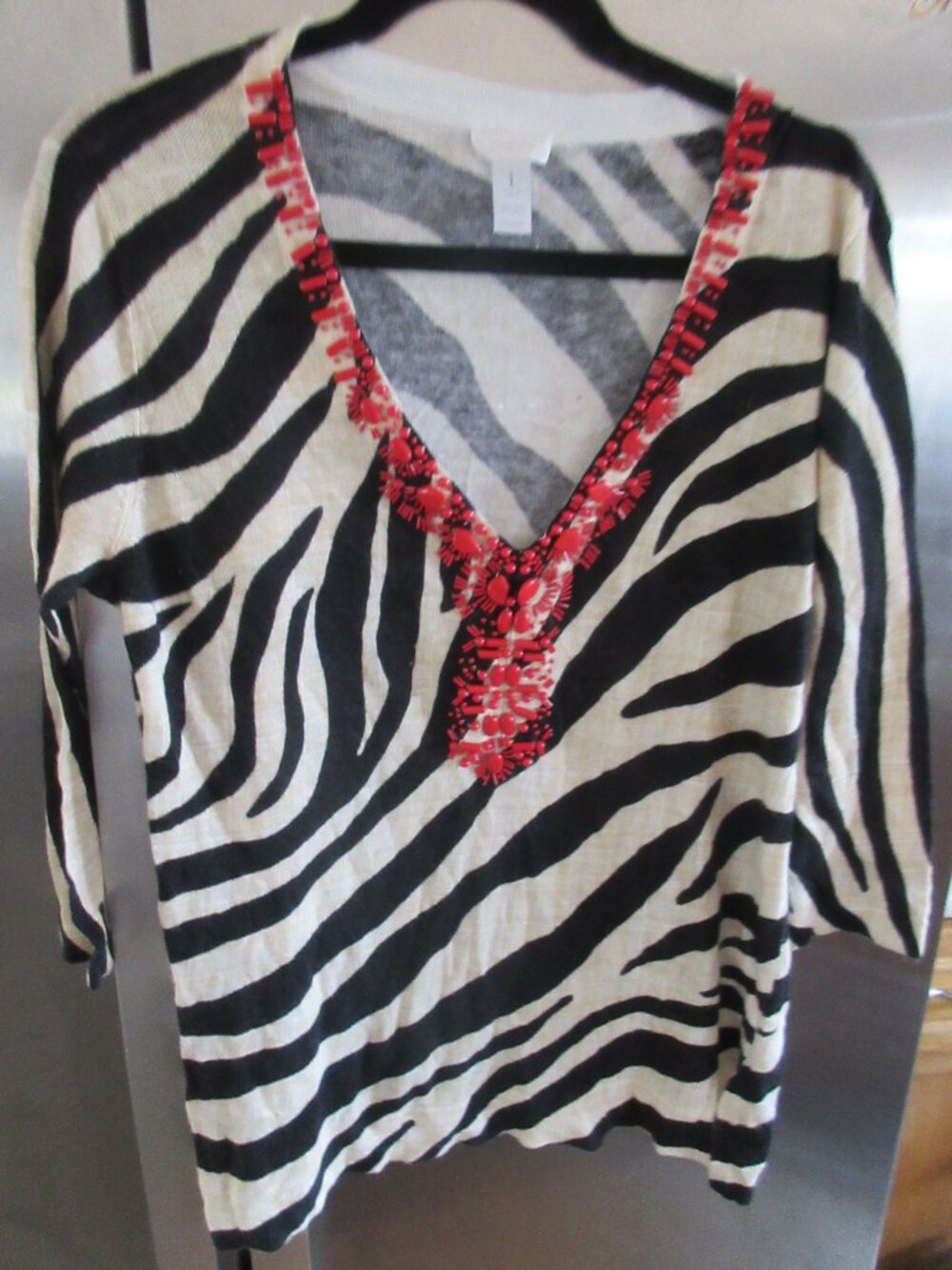 Chicos Animal Print Sweater Tunic linen blend artsy knit 1 s  m vneck